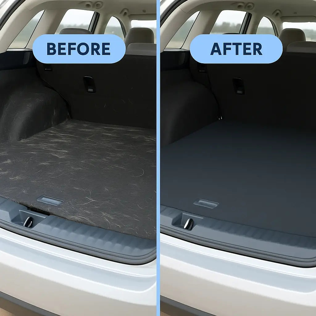 PawTidy™ glove cleaning pet fur from a car seat and interior – quick and eco-friendly cleaning solution.